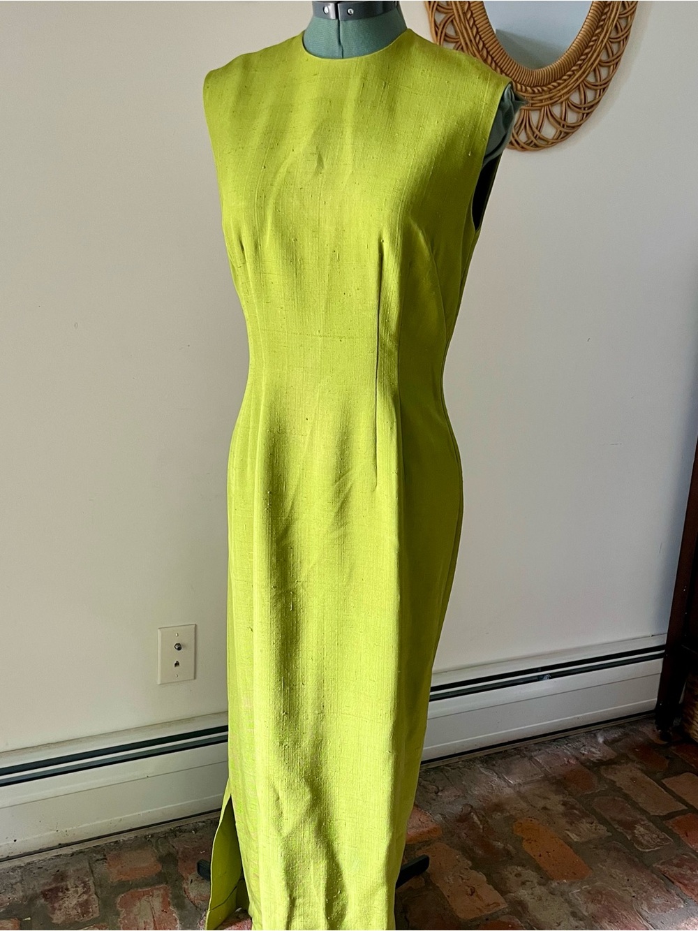 Vintage Handmade Silk Chartreuse Green Sculptural Sheath Dress